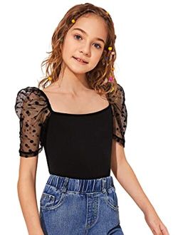 Girl's Contrast Mesh Puff Short Sleeve Tee Square Neck T Shirt Top