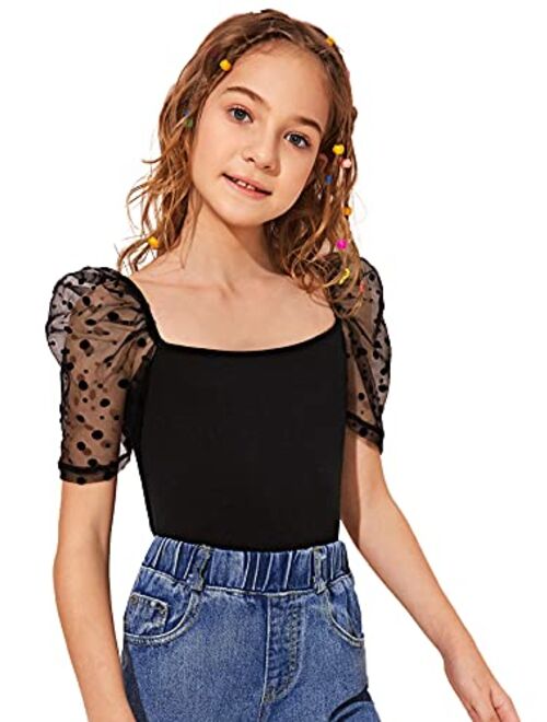 SOLY HUX Girl's Contrast Mesh Puff Short Sleeve Tee Square Neck T Shirt Top
