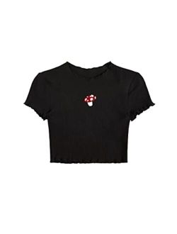Girl's Cartoon Embroidery Short Sleeve Tee Lettuce Trim Crop Top T Shirt