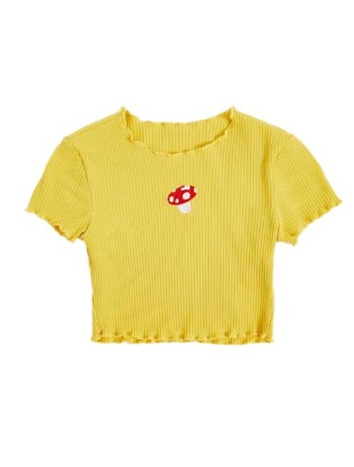 SOLY HUX Girl's Cartoon Embroidery Short Sleeve Tee Lettuce Trim Crop Top T Shirt