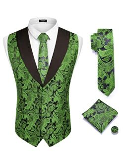 Men's Suit Vests Set 3PCS Classic Paisley Floral Jacquard Waistcoat Set Formal Waistcoat for Wedding Prom Tuxedo