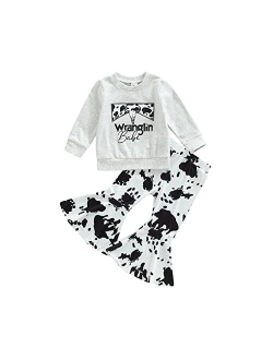 Madjtlqy Toddler Baby Girls Outfits Long/Short Sleeve Cartoon Cow Head Print Top & Flare Pants Set Kids Clothes
