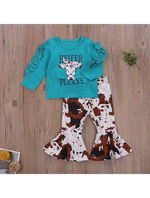 Madjtlqy Toddler Baby Girls Outfits Long/Short Sleeve Cartoon Cow Head Print Top & Flare Pants Set Kids Clothes
