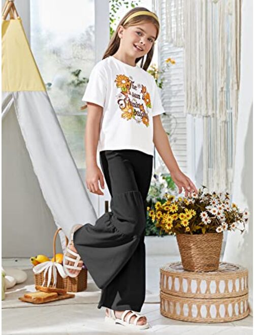 WDIRARA Girl's 2 Piece Floral Print Short Sleeve Tee and Flare Leg Ruffle Hem Pants Set