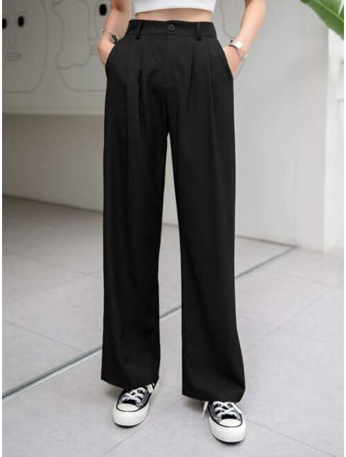 DAZY Solid Plicated Straight Leg Suit Pants