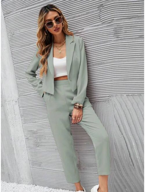 SHEIN Frenchy Solid Single Button Crop Blazer And Slant Pocket Tailored Pants