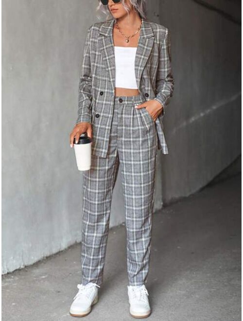 SHEIN LUNE Plaid Print Double Breasted Blazer Pants