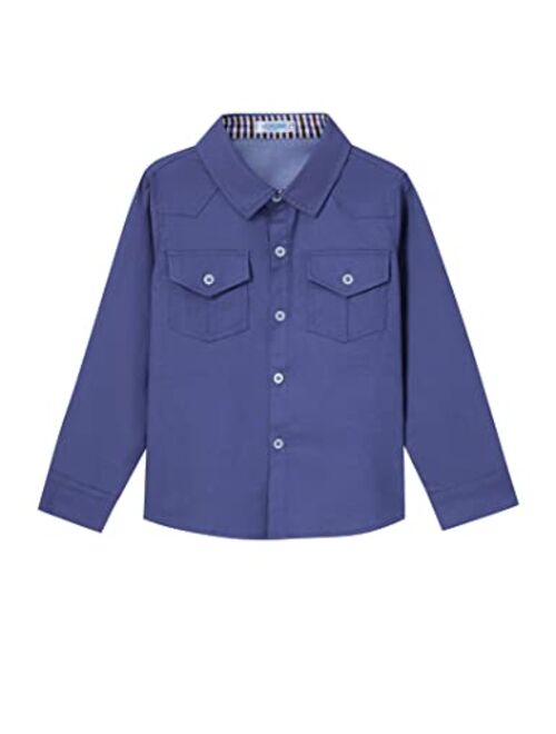 Kukume Boys Long Sleeve Shirt with Chest Pockets Solid Casual Button-Down Collared Shirts Top for Kids 3-12 Years