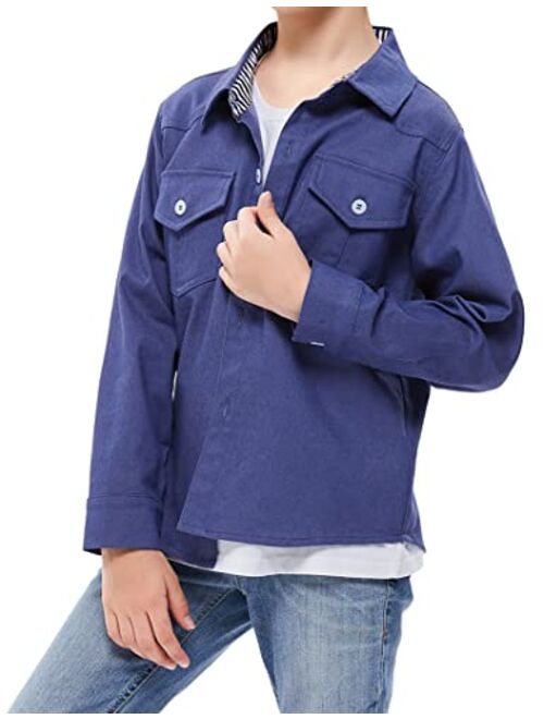 Kukume Boys Long Sleeve Shirt with Chest Pockets Solid Casual Button-Down Collared Shirts Top for Kids 3-12 Years