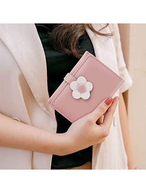 Lusofie Cute Wallet for Teen Girl PU Leather Trifold Small Wallet Cash Pocket flowers Print Card Holder Coin Purse with ID Window for Girls Women