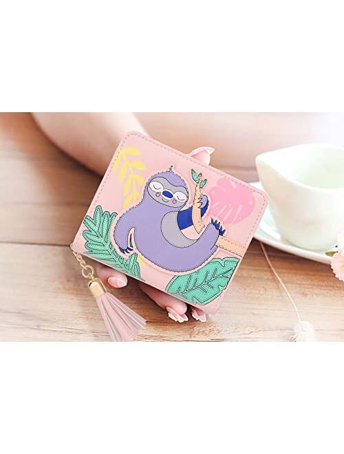 UTO Wallet for Girls Cute Sloth Leather Vegan Small Women Tassel Pendant Card Holder Kawaii Coin Purse