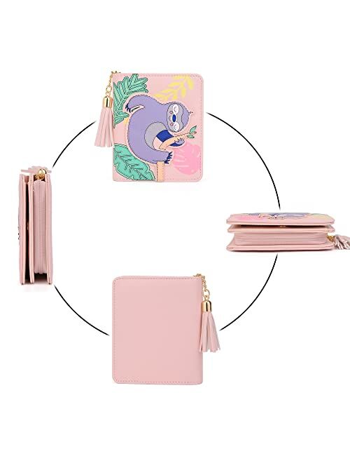 UTO Wallet for Girls Cute Sloth Leather Vegan Small Women Tassel Pendant Card Holder Kawaii Coin Purse