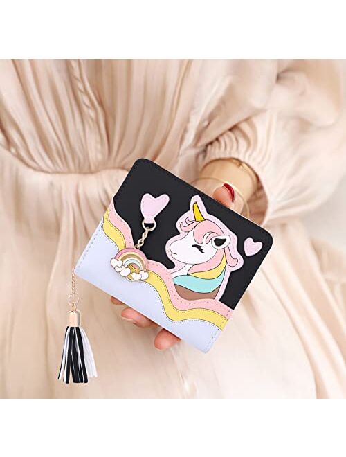 UTO Wallet for Girls Cute Unicorn Leather Vegan Small Women Tassel Rainbow Pendant Card Holder Kawaii Coin Purse