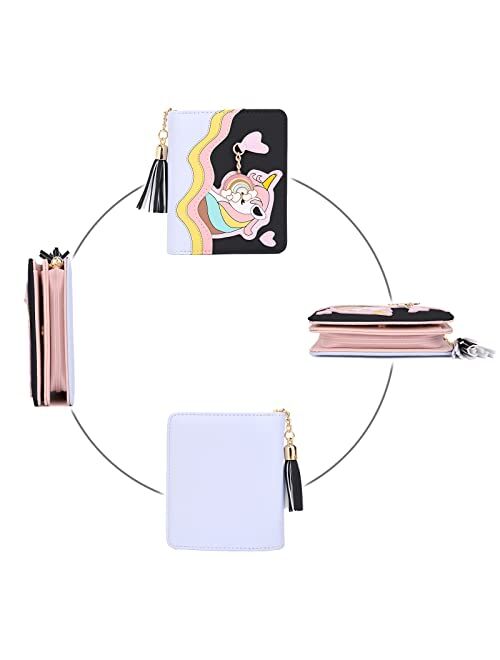 UTO Wallet for Girls Cute Unicorn Leather Vegan Small Women Tassel Rainbow Pendant Card Holder Kawaii Coin Purse