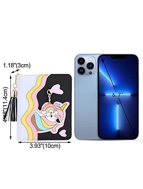 UTO Wallet for Girls Cute Unicorn Leather Vegan Small Women Tassel Rainbow Pendant Card Holder Kawaii Coin Purse