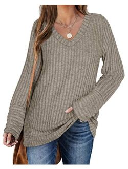 WIHOLL Sweaters for Women Long Sleeve V Neck Solid Color Fashion Tops