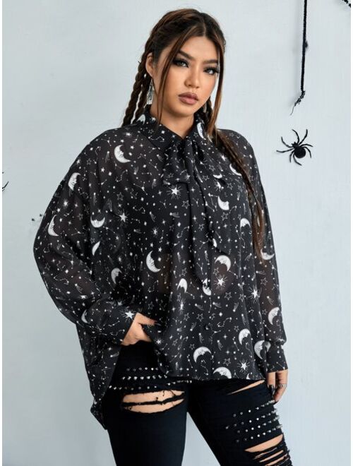 SHEIN EZwear Plus Halloween Moon & Star Print High Low Blouse