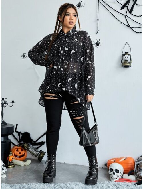 SHEIN EZwear Plus Halloween Moon & Star Print High Low Blouse