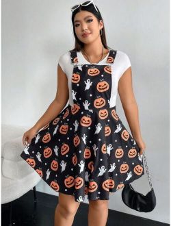 Qutie Plus Halloween Print Overall Dress Without Tee