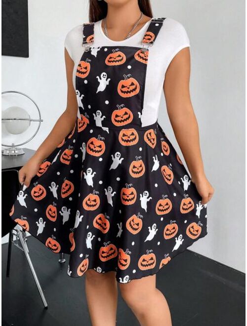 SHEIN Qutie Plus Halloween Print Overall Dress Without Tee