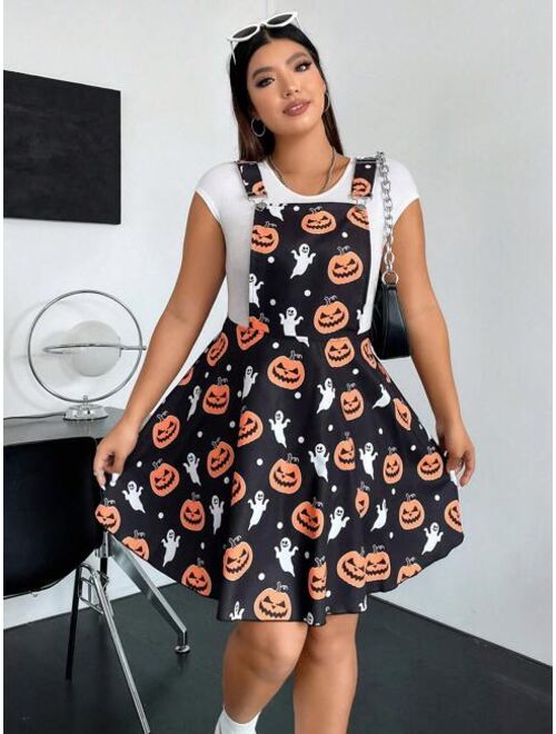 SHEIN Qutie Plus Halloween Print Overall Dress Without Tee