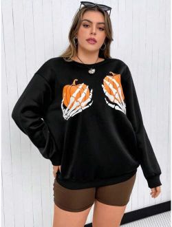 EZwear Plus Halloween Print Drop Shoulder Sweatshirt