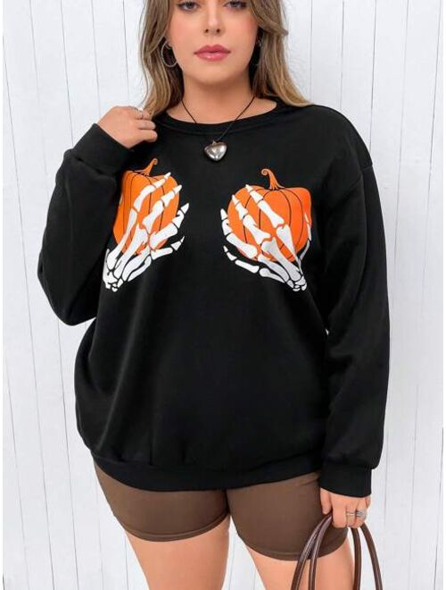 SHEIN EZwear Plus Halloween Print Drop Shoulder Sweatshirt