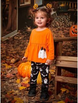 Baby Girl Halloween Print Ruffle Trim Tee & Pants