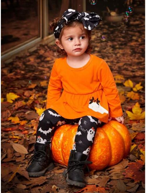 Shein Baby Girl Halloween Print Ruffle Trim Tee & Pants