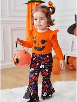 Baby Girl Halloween Print Ruffle Trim Tee & Flare Leg Pants