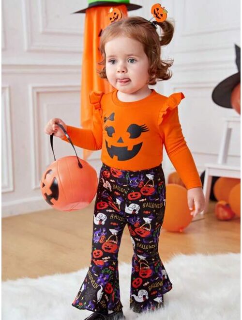 SHEIN Baby Girl Halloween Print Ruffle Trim Tee & Flare Leg Pants