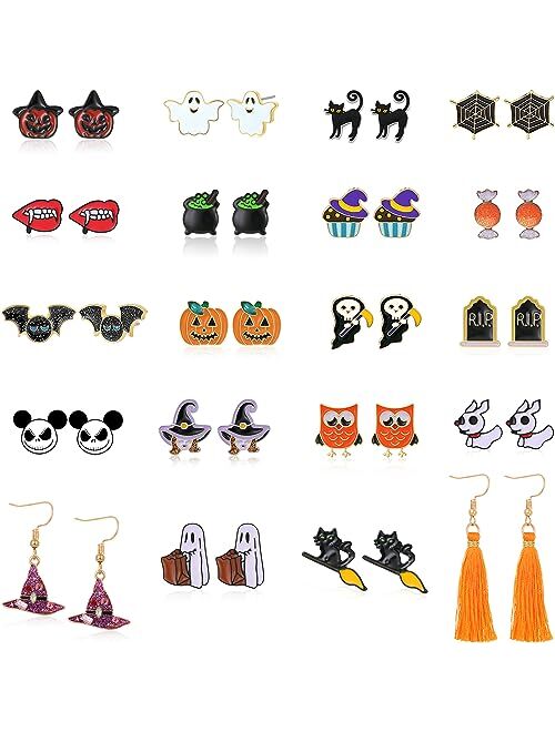 Cisyino 20 Pairs Halloween Earrings Set for Girls Women Hypoallergenic Halloween Stud Dangle Earrings Bulk for Teen Girls Kids Spooky Earrings Halloween Jewelry for Women