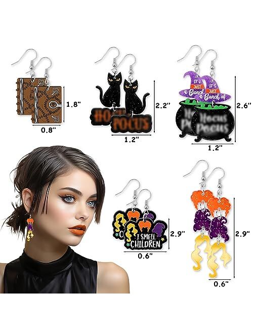 Tuitessine Halloween Earrings Acrylic for Women Girls Halloween Party Earrings 5 Pairs Witch black cats Cauldron Spell Book Stud Jewelry for Horror Holiday Fall Christmas