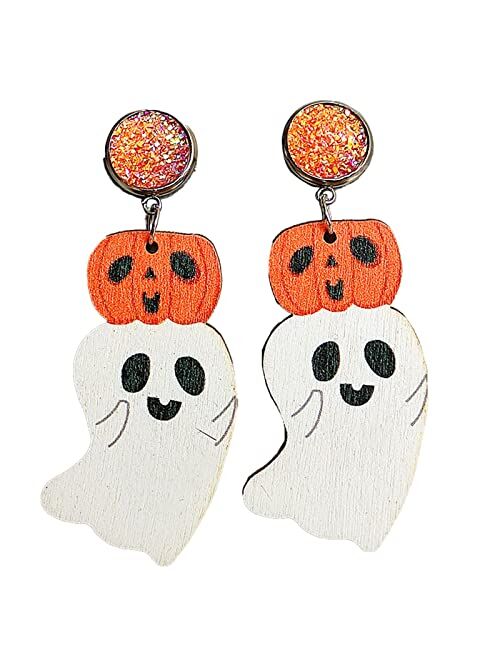 Fuqimanman2020 Halloween Cute Ghost Pumpkin Wooden Resin Acrylic Dangle Earrings Cartoon Ghost Print Halloween Wood Acrylic Earrings for Women Girls Jewelry