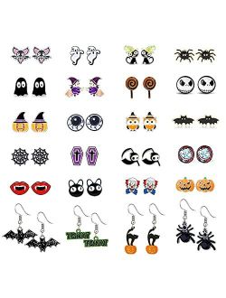 Aganippe 24 Pairs Halloween Earrings for Women Girls Stud Earring Sets Bat Cat Witch Ghost Spider Moon Pumpkin Halloween Drop Earrings