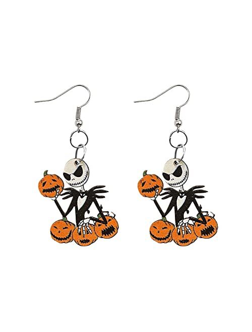 Colorful Bling Cute Cartoon Halloween Theme Earrings Ghost Pumpkin Wooden Dangle Earrings Creative Jewelry for Halloween Party Exaggeration Accessories