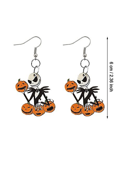 Colorful Bling Cute Cartoon Halloween Theme Earrings Ghost Pumpkin Wooden Dangle Earrings Creative Jewelry for Halloween Party Exaggeration Accessories