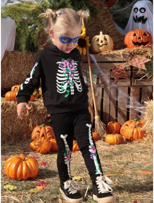 SHEIN Toddler Girls Skeleton Print Costume Hoodie & Leggings