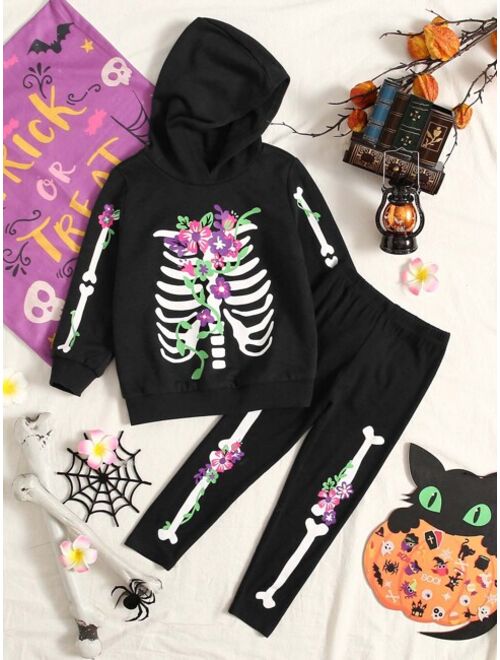 SHEIN Toddler Girls Skeleton Print Costume Hoodie & Leggings