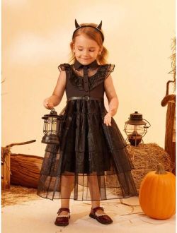 Young Girl Halloween 1pc Contrast Mesh Ruffle Trim Dress