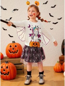 Kids Cooltwn Young Girl Halloween Print Tee & Mesh Overlay Skirt