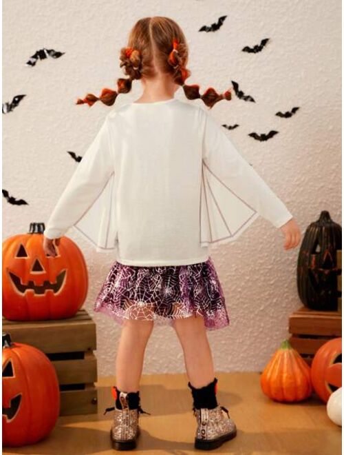 SHEIN Kids Cooltwn Young Girl Halloween Print Tee & Mesh Overlay Skirt