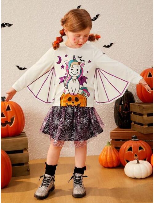 SHEIN Kids Cooltwn Young Girl Halloween Print Tee & Mesh Overlay Skirt