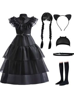 VORLITS Black Halloween Costumes Dress Girls Cosplay Christmas Party With Wigs Belt Socks Cat Ears Headband Wig Cap