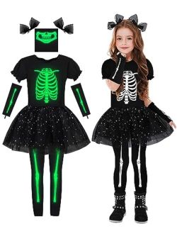 AOTHSO Halloween Girls Glow In The Dark Skeleton Costume Tutu Onesie Dress Sleeves Leggings Face Cover Hair Clips for Kids