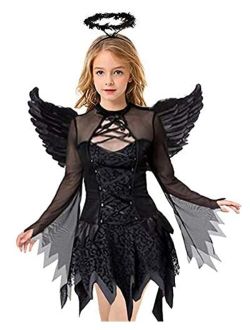 Doxrmuru Girls Fallen Angel Dress for Halloween Costume with Black Wings