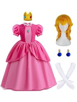 Enccfoeo Princess Peach Costume Dress Girls Kids with Crown Wig Gloves and Earrings Super Brother Cosplay Halloween Costumes