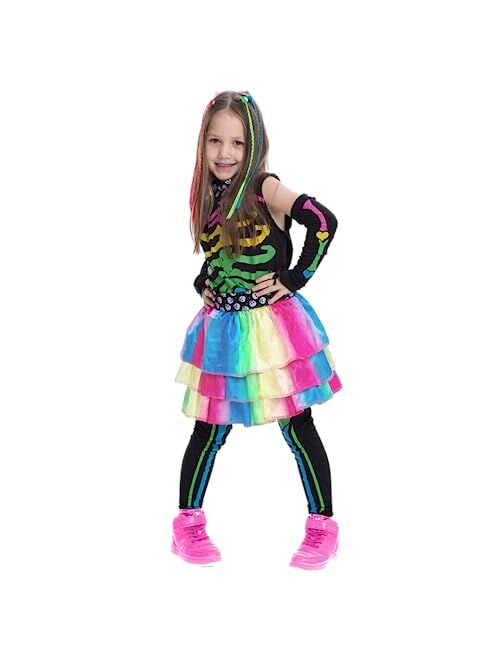 Spooktacular Creations Funky Punky Bones Colorful Skeleton Deluxe Girls Costume Set with Hair Extensions