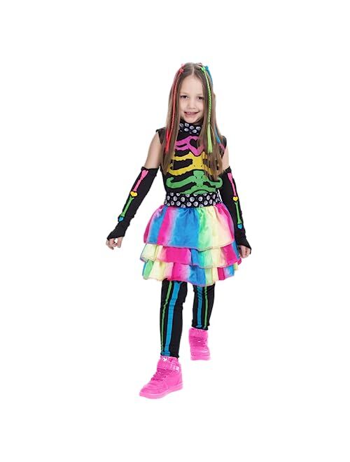 Spooktacular Creations Funky Punky Bones Colorful Skeleton Deluxe Girls Costume Set with Hair Extensions
