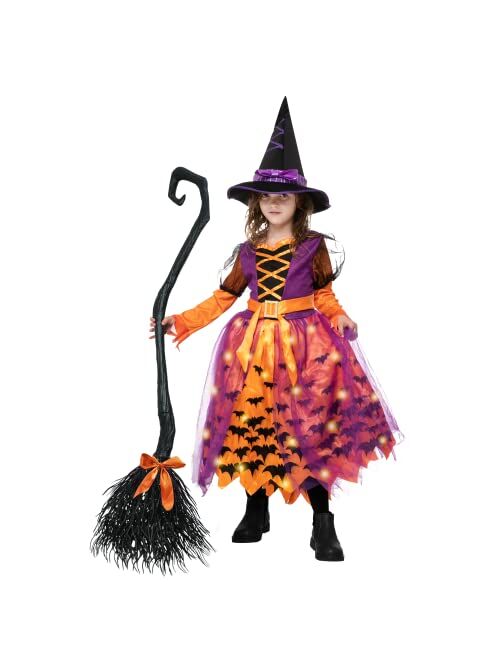 Spooktacular Creations Girls Witch Costume, Light Up Starry Witch Dress with Hat and Broom for Kids, Toddler Halloween Dress Up, Role Play (Medium (8-10yr))